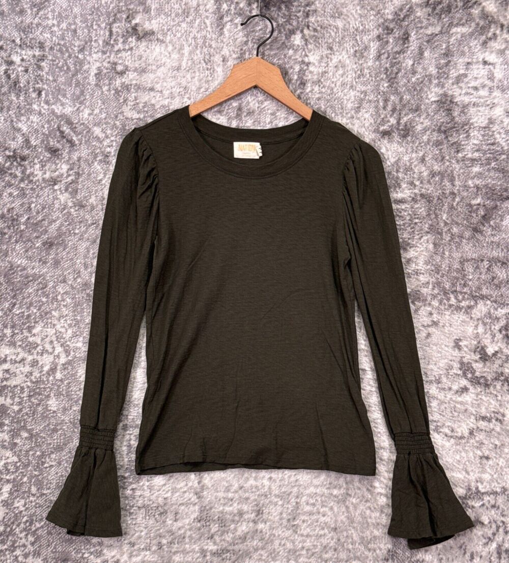 Nation LTD Shirt Small Womens Green Pima Slub Long Sleeve Puff Smocked Top